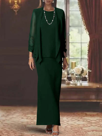 Floor-Length Scoop Neck Sheath Dress with Long Sleeves and Jacket for the Mother of the Bride