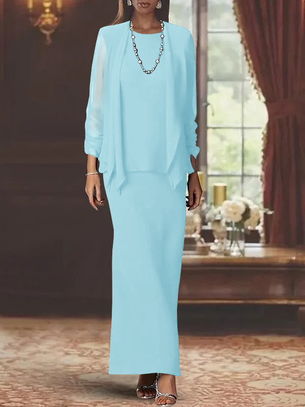 Floor-Length Scoop Neck Sheath Dress with Long Sleeves and Jacket for the Mother of the Bride