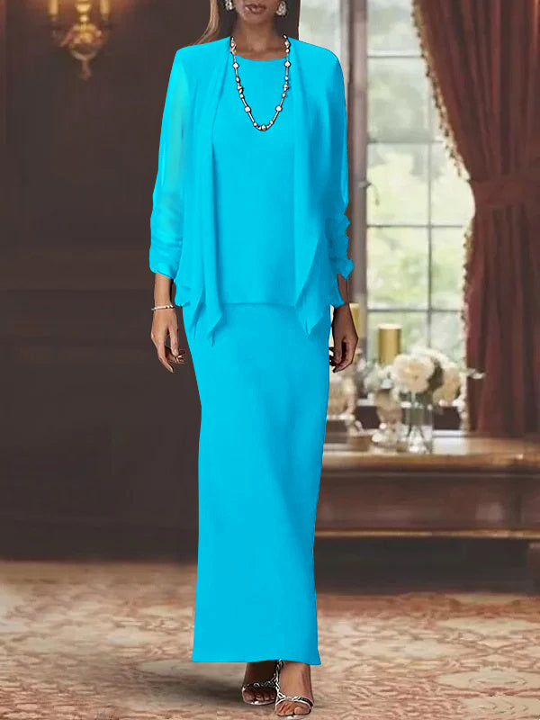 Floor-Length Scoop Neck Sheath Dress with Long Sleeves and Jacket for the Mother of the Bride