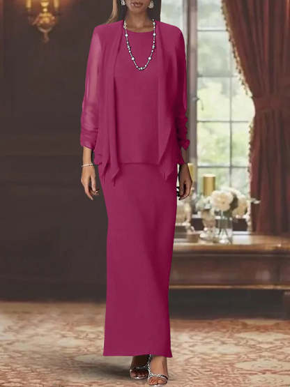 Floor-Length Scoop Neck Sheath Dress with Long Sleeves and Jacket for the Mother of the Bride
