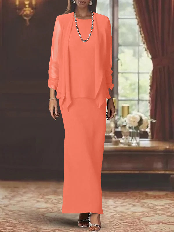Floor-Length Scoop Neck Sheath Dress with Long Sleeves and Jacket for the Mother of the Bride
