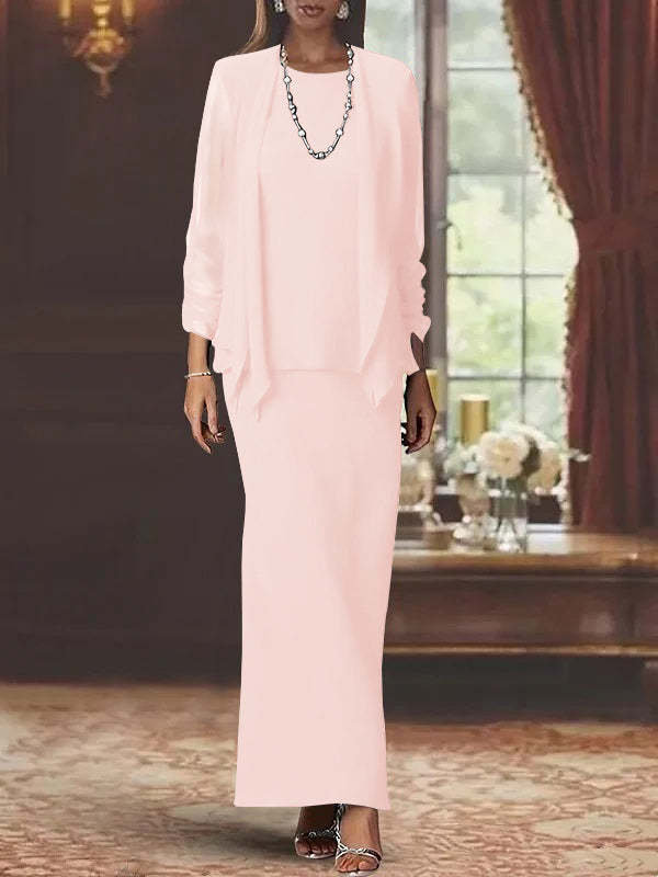 Floor-Length Scoop Neck Sheath Dress with Long Sleeves and Jacket for the Mother of the Bride