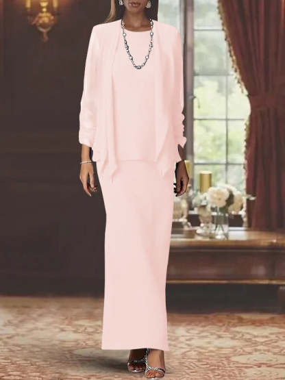 Floor-Length Scoop Neck Sheath Dress with Long Sleeves and Jacket for the Mother of the Bride