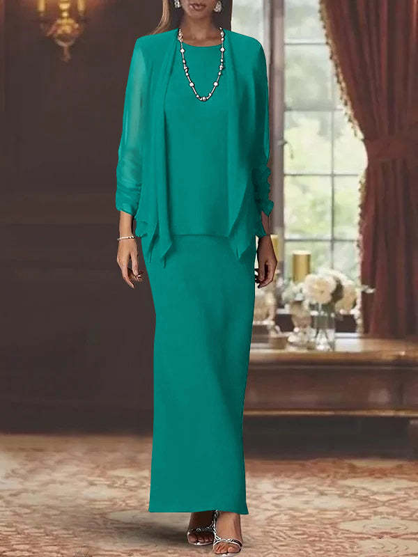 Floor-Length Scoop Neck Sheath Dress with Long Sleeves and Jacket for the Mother of the Bride