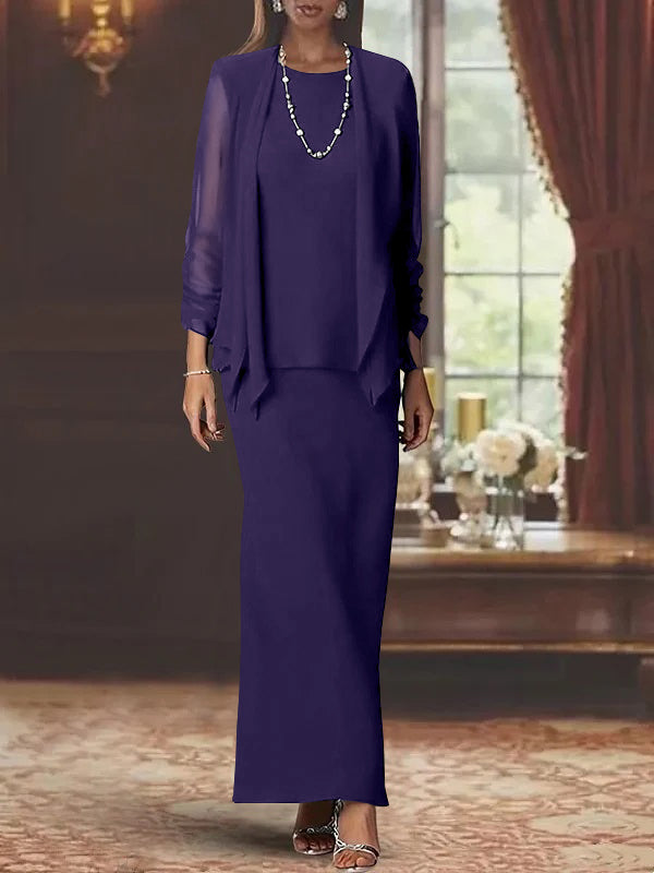 Floor-Length Scoop Neck Sheath Dress with Long Sleeves and Jacket for the Mother of the Bride