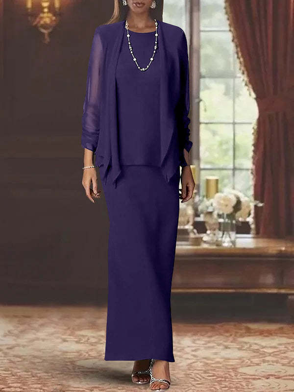 Floor-Length Scoop Neck Sheath Dress with Long Sleeves and Jacket for the Mother of the Bride