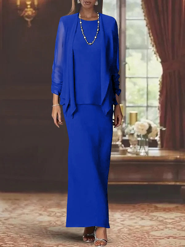 Floor-Length Scoop Neck Sheath Dress with Long Sleeves and Jacket for the Mother of the Bride