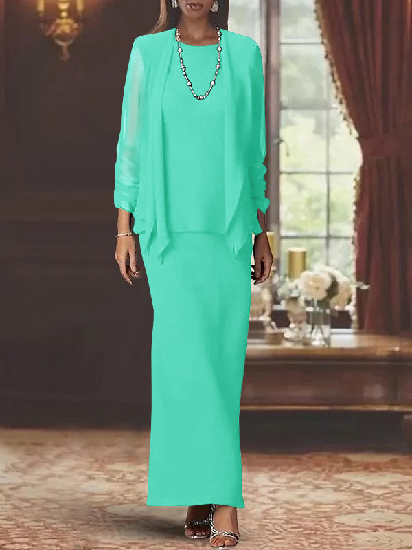 Floor-Length Scoop Neck Sheath Dress with Long Sleeves and Jacket for the Mother of the Bride