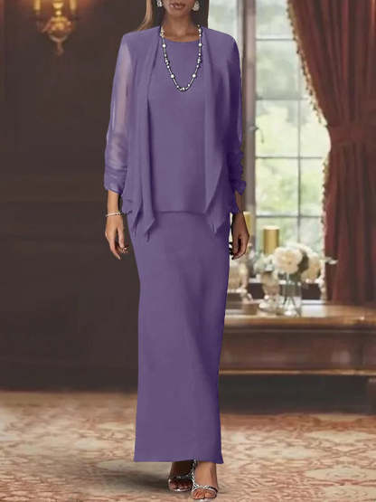 Floor-Length Scoop Neck Sheath Dress with Long Sleeves and Jacket for the Mother of the Bride