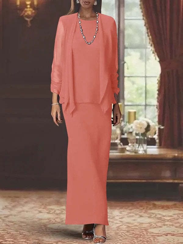 Floor-Length Scoop Neck Sheath Dress with Long Sleeves and Jacket for the Mother of the Bride