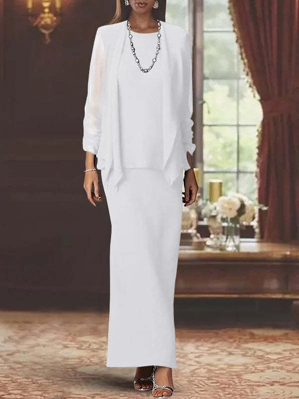 Floor-Length Scoop Neck Sheath Dress with Long Sleeves and Jacket for the Mother of the Bride