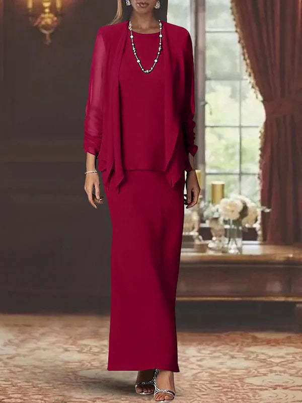 Floor-Length Scoop Neck Sheath Dress with Long Sleeves and Jacket for the Mother of the Bride
