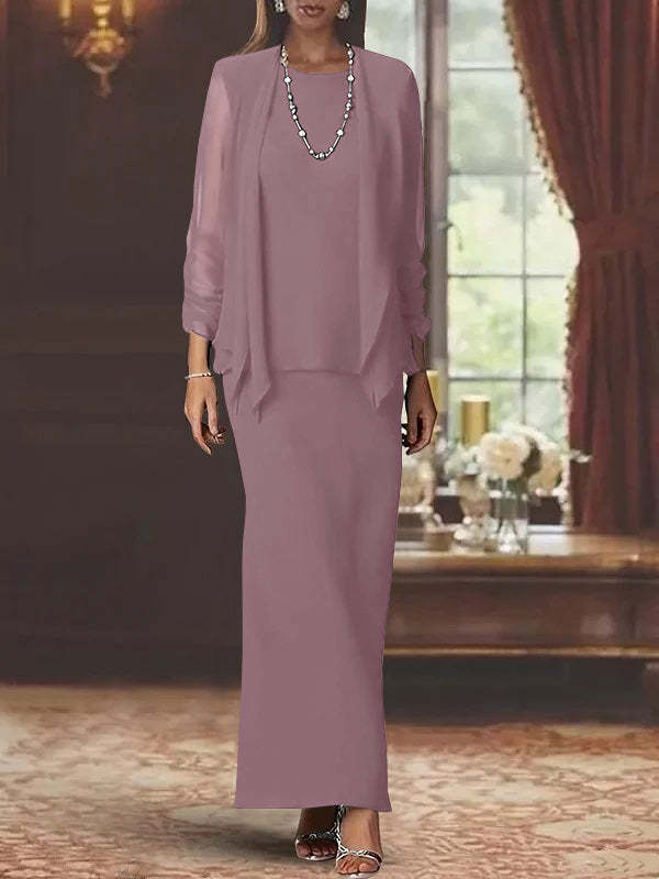 Floor-Length Scoop Neck Sheath Dress with Long Sleeves and Jacket for the Mother of the Bride