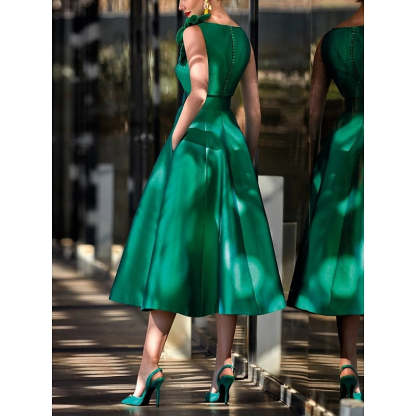 V-Neck Sleeveless A-Line Tea-Length Mother of the Bride Dress with Sash