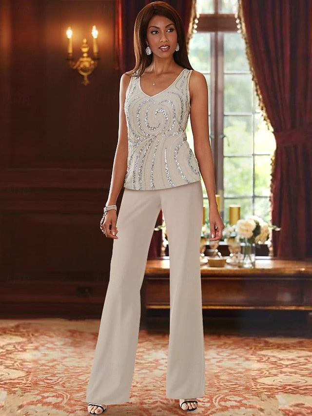 Floor-Length V-Neck Chiffon Pantsuits with Jacket & Sequins for the Mother of the Bride