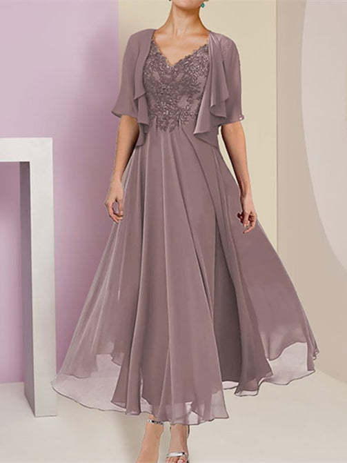 Short Sleeve A-Line Princess Jacket Dress for the Mother of the Bride