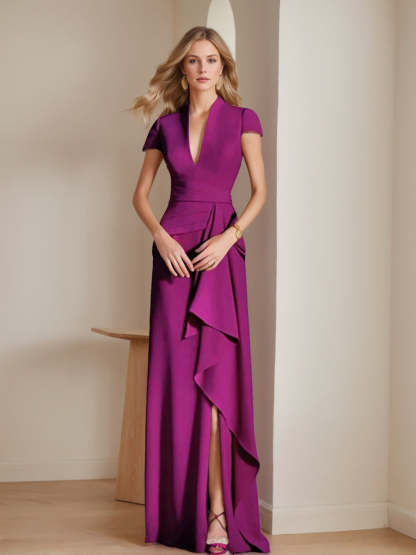 V-Neck Short-Sleeve Floor-Length Mother of the Bride Gown with Side Split