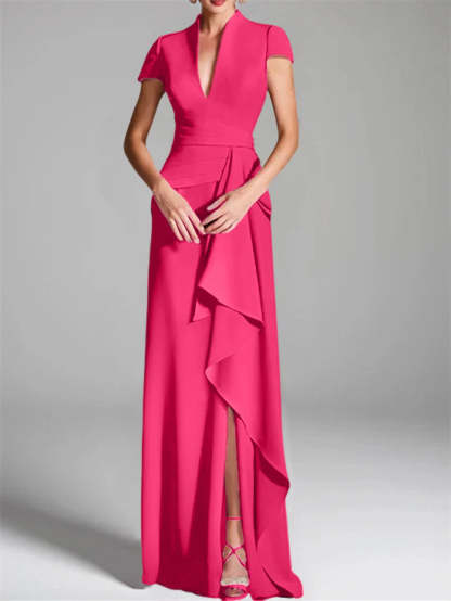 V-Neck Short-Sleeve Floor-Length Mother of the Bride Gown with Side Split