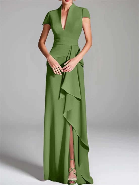 V-Neck Short-Sleeve Floor-Length Mother of the Bride Gown with Side Split