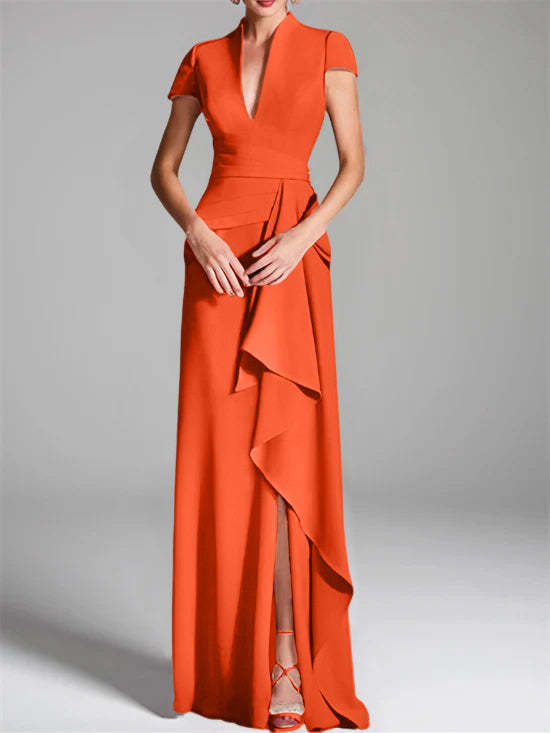 V-Neck Short-Sleeve Floor-Length Mother of the Bride Gown with Side Split