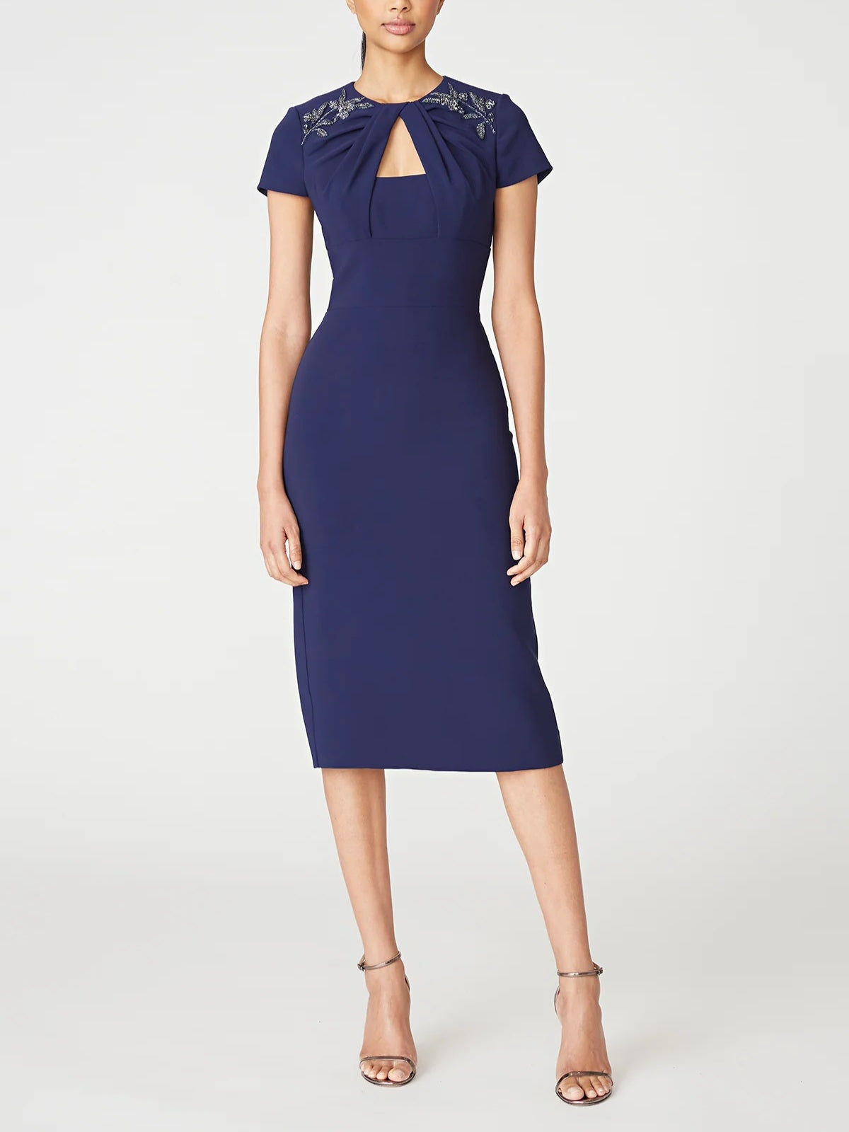 Off-the-Shoulder Short Sleeve Tea-Length Ruffled Sheath/Column Dress for the Mother of the Bride