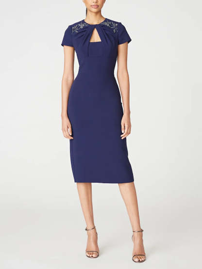 Off-the-Shoulder Short Sleeve Tea-Length Ruffled Sheath/Column Dress for the Mother of the Bride