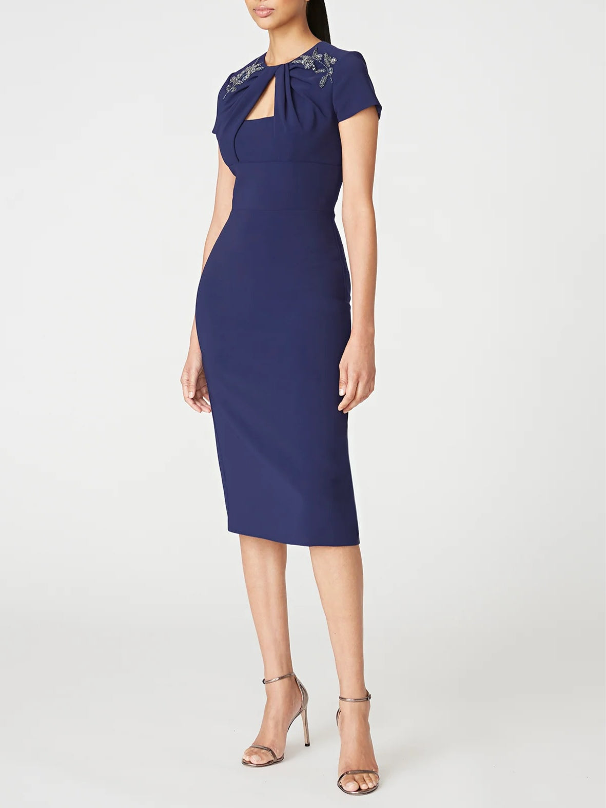 Off-the-Shoulder Short Sleeve Tea-Length Ruffled Sheath/Column Dress for the Mother of the Bride