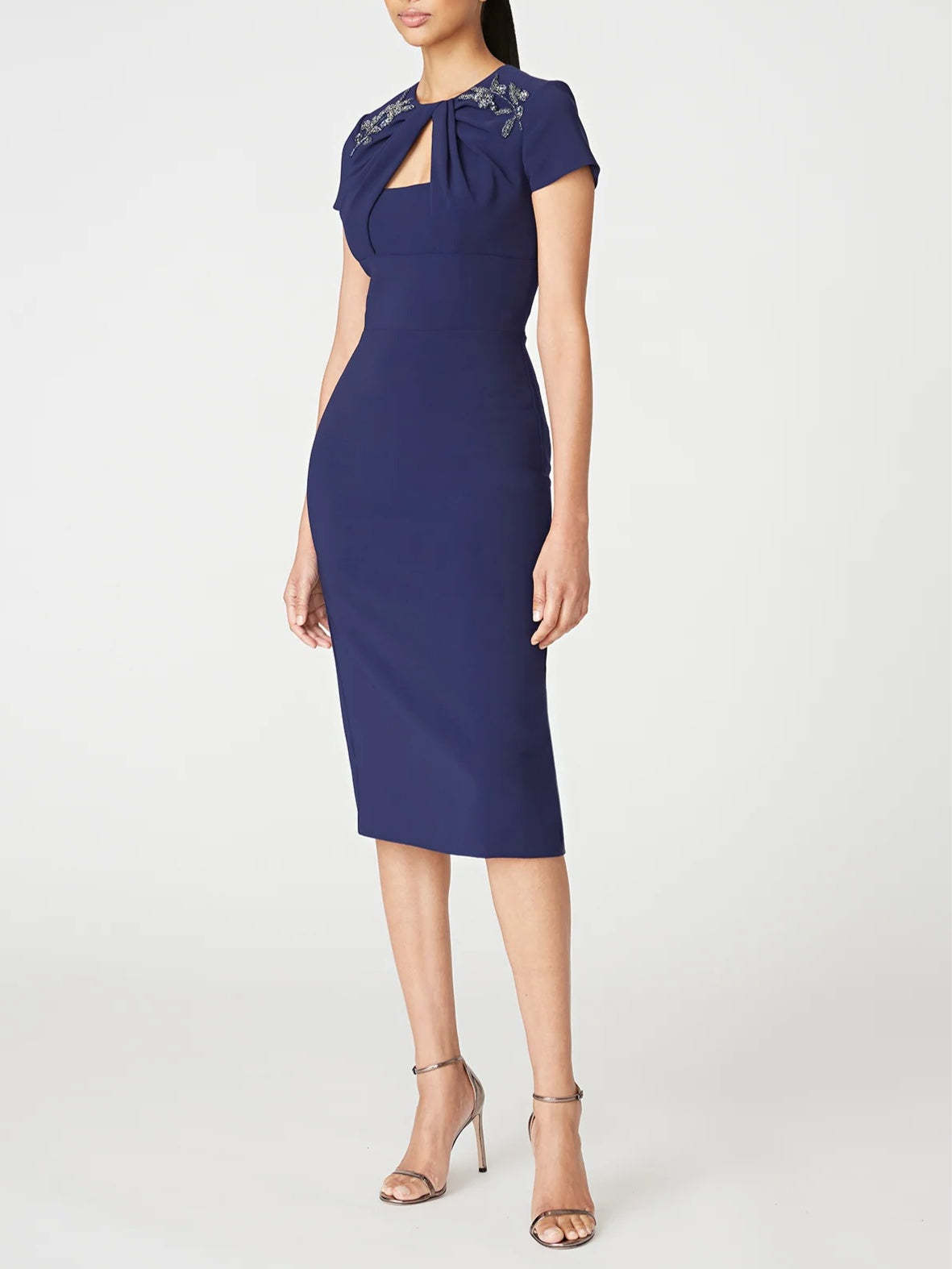 Off-the-Shoulder Short Sleeve Tea-Length Ruffled Sheath/Column Dress for the Mother of the Bride