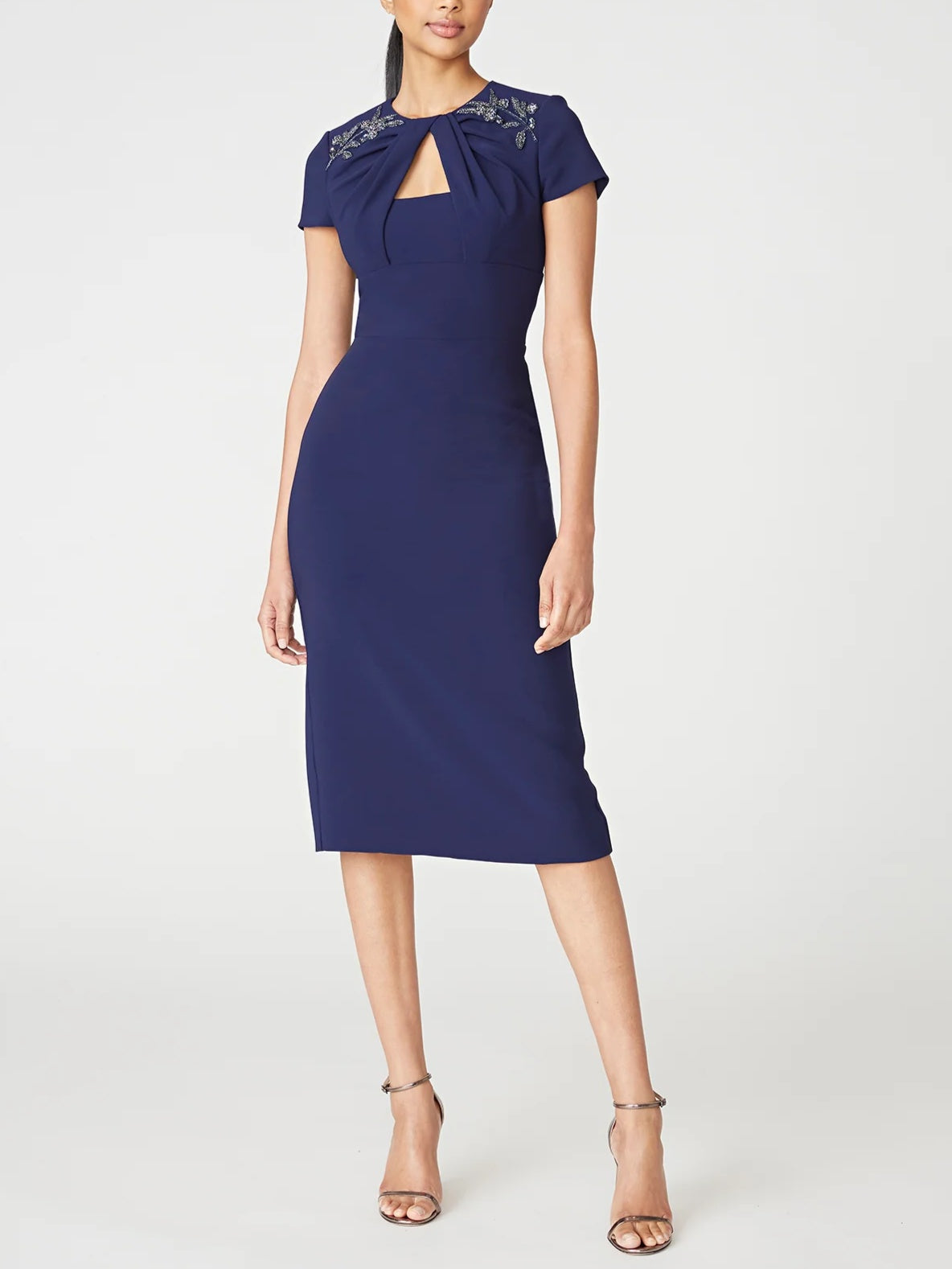 Off-the-Shoulder Short Sleeve Tea-Length Ruffled Sheath/Column Dress for the Mother of the Bride