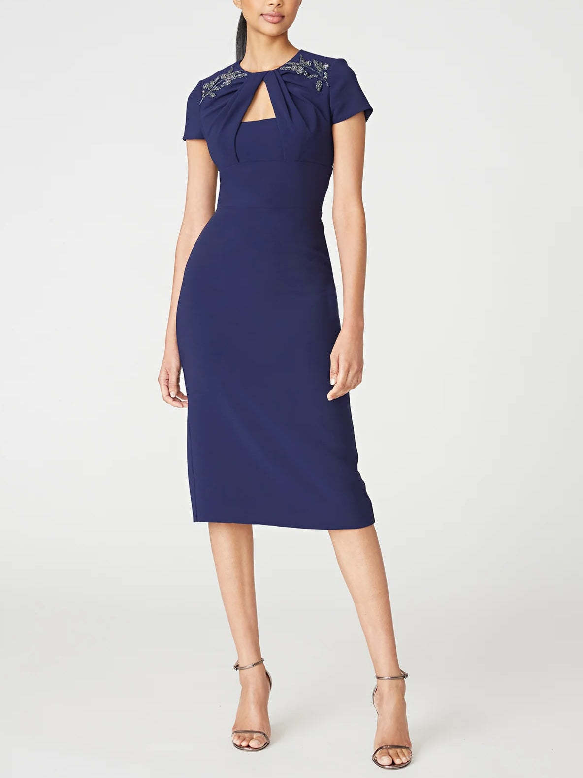 Off-the-Shoulder Short Sleeve Tea-Length Ruffled Sheath/Column Dress for the Mother of the Bride