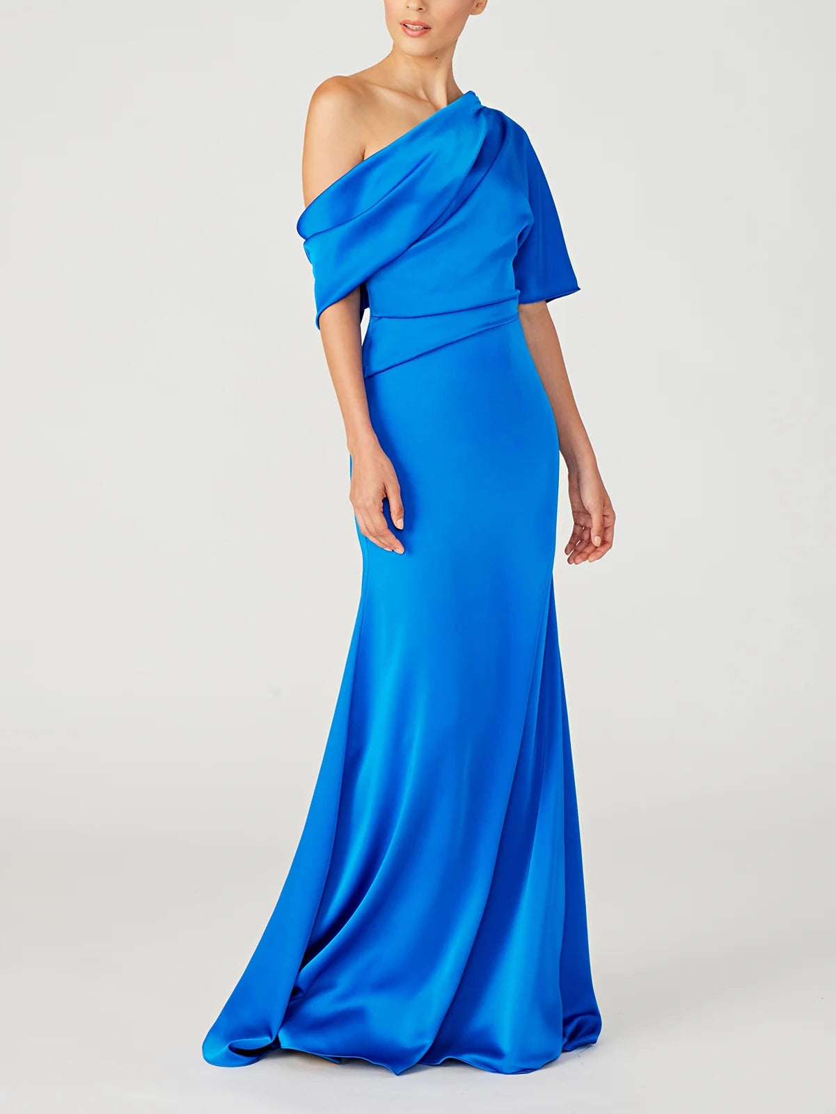 One-Shoulder A-Line Floor-Length Mother of the Bride Dress with Ruffles and Half Sleeves