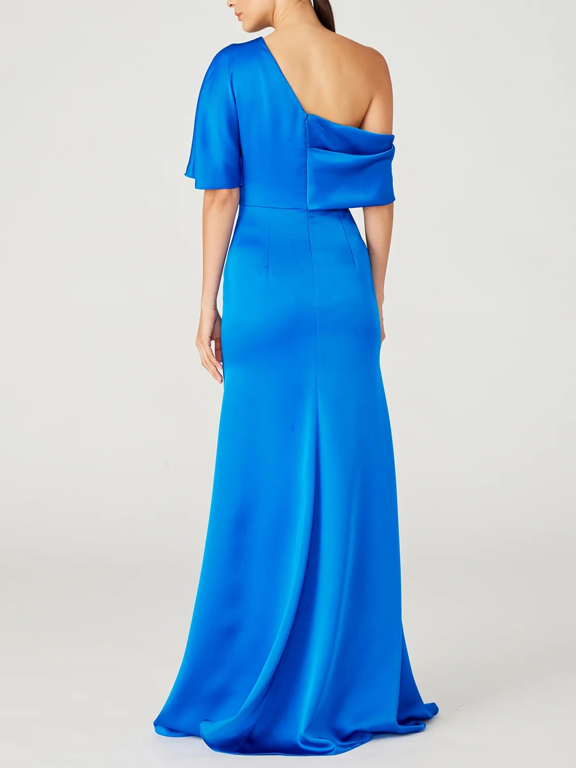 One-Shoulder A-Line Floor-Length Mother of the Bride Dress with Ruffles and Half Sleeves