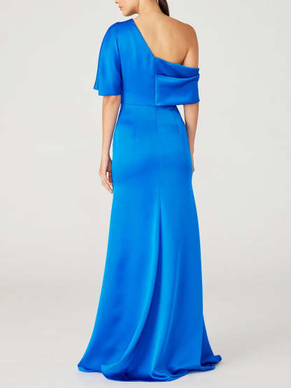 One-Shoulder A-Line Floor-Length Mother of the Bride Dress with Ruffles and Half Sleeves