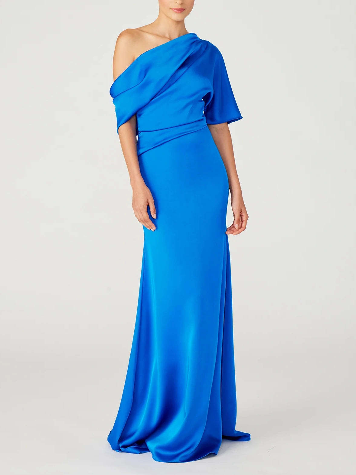 One-Shoulder A-Line Floor-Length Mother of the Bride Dress with Ruffles and Half Sleeves