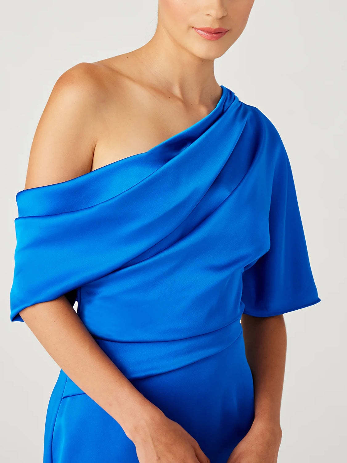 One-Shoulder A-Line Floor-Length Mother of the Bride Dress with Ruffles and Half Sleeves