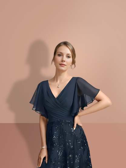 V-Neck A-Line Princess Floor-Length Mother of the Bride Dress with Short Sleeves and Sequins