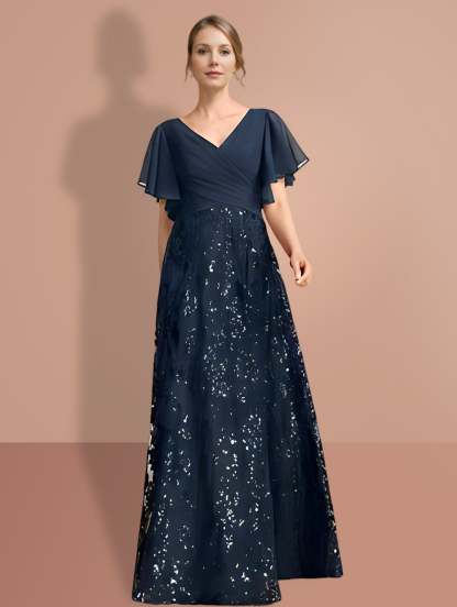 V-Neck A-Line Princess Floor-Length Mother of the Bride Dress with Short Sleeves and Sequins