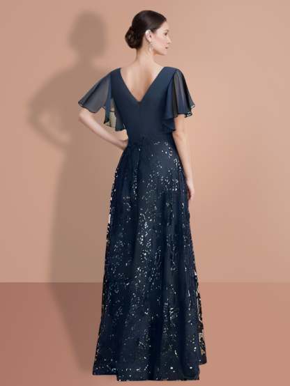 V-Neck A-Line Princess Floor-Length Mother of the Bride Dress with Short Sleeves and Sequins
