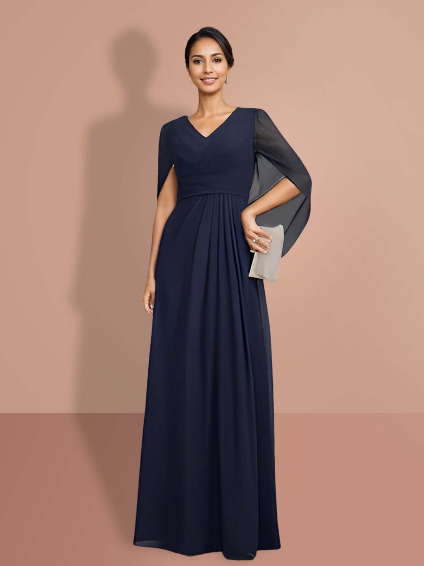 V-Neck A-Line Princess Mother of the Bride Dress with Half Sleeves