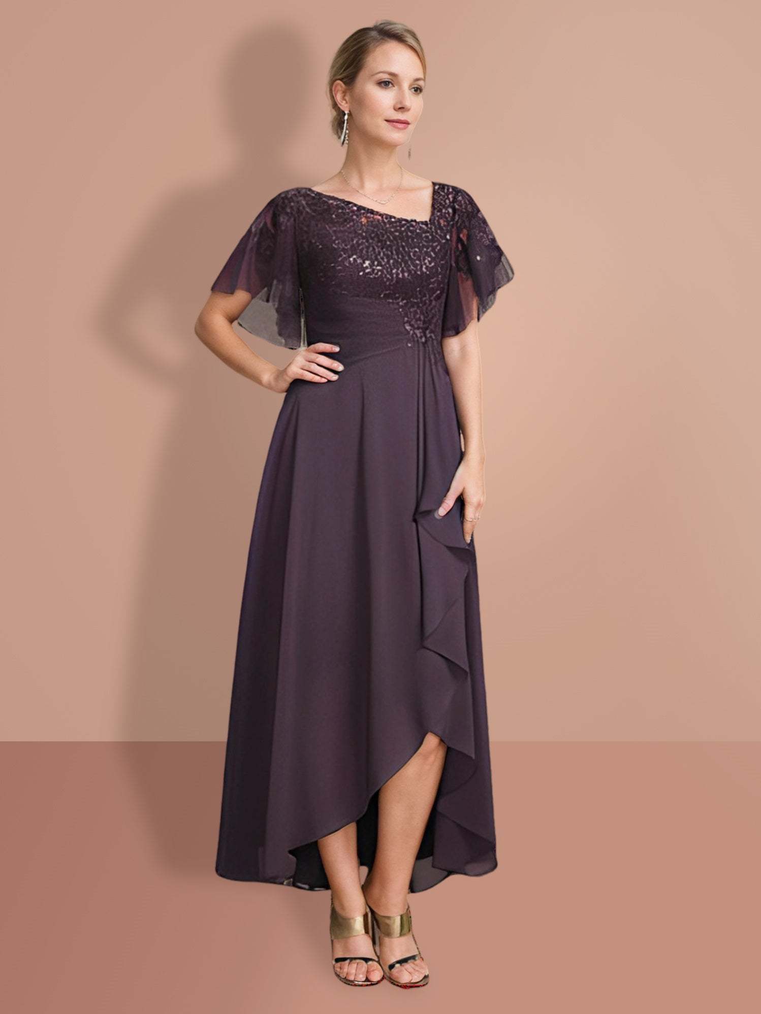 Short-Sleeve A-Line Princess Mother of the Bride Dress with Asymmetrical Design