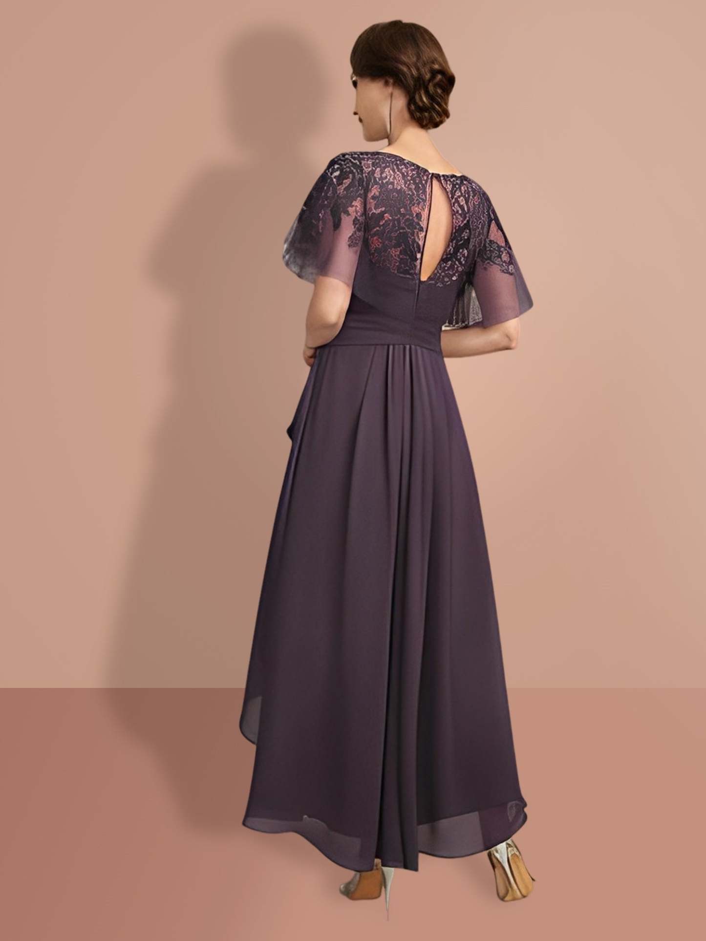 Short-Sleeve A-Line Princess Mother of the Bride Dress with Asymmetrical Design