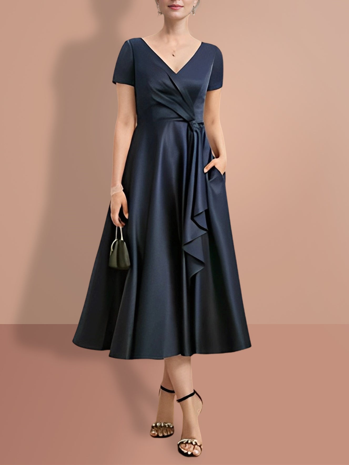 V-Neck A-Line Princess Short-Sleeve Mother of the Bride Dress