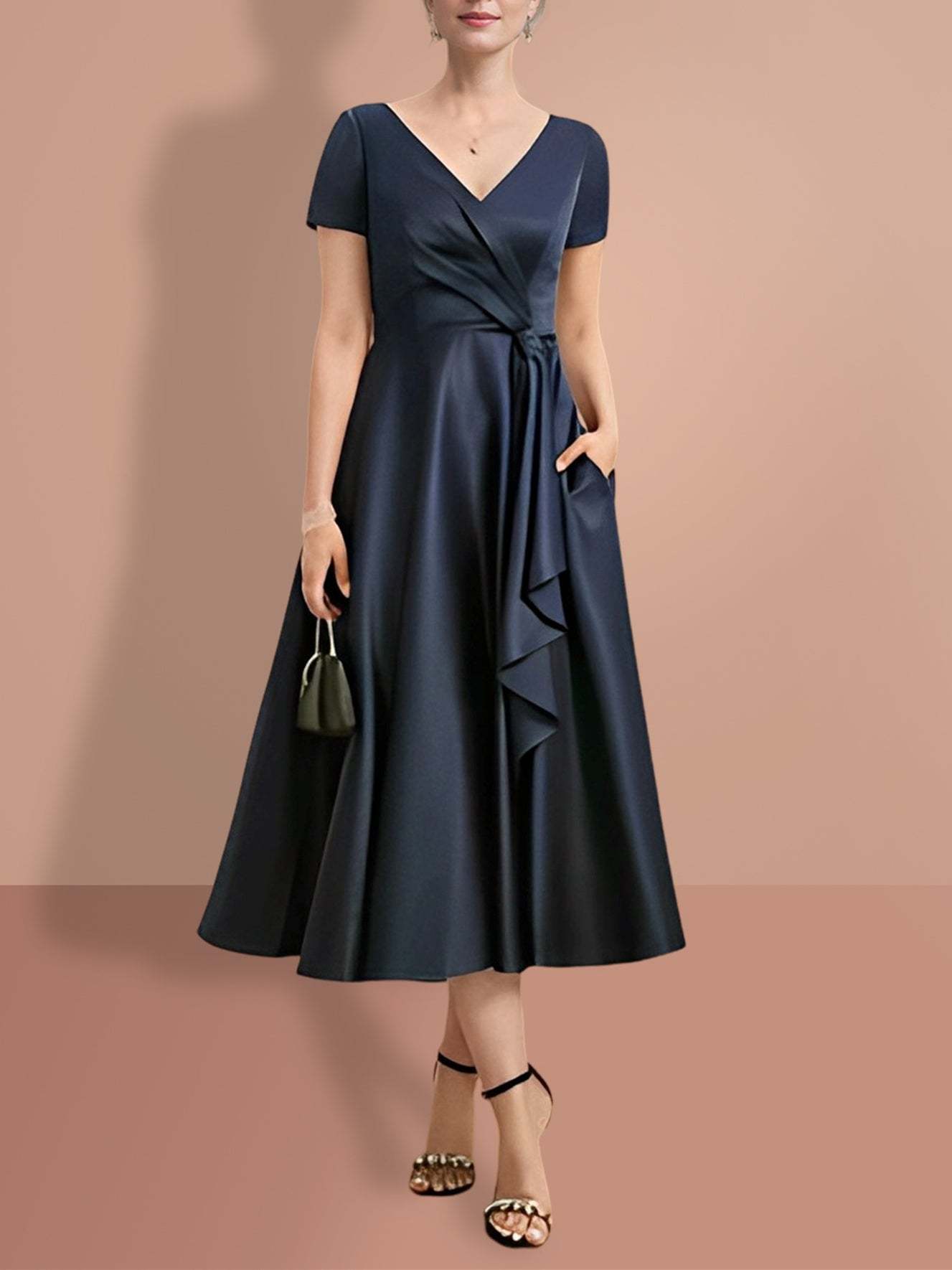 V-Neck A-Line Princess Short-Sleeve Mother of the Bride Dress