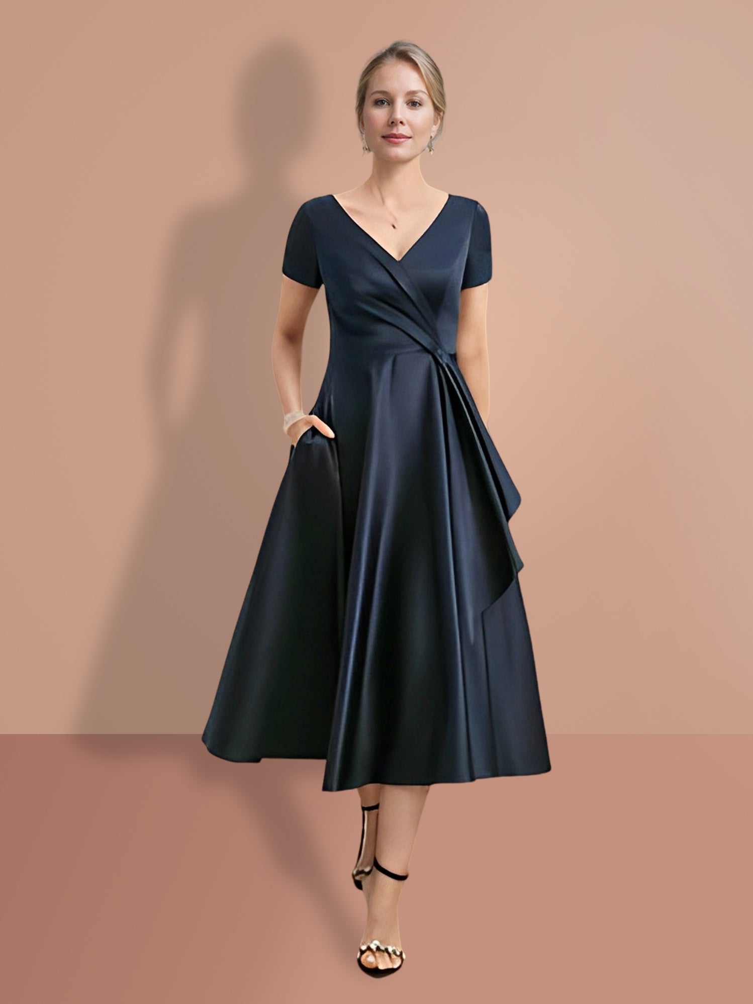 V-Neck A-Line Princess Short-Sleeve Mother of the Bride Dress