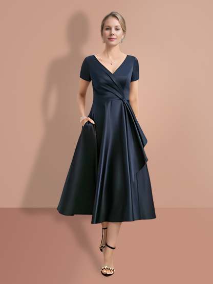 V-Neck A-Line Princess Short-Sleeve Mother of the Bride Dress