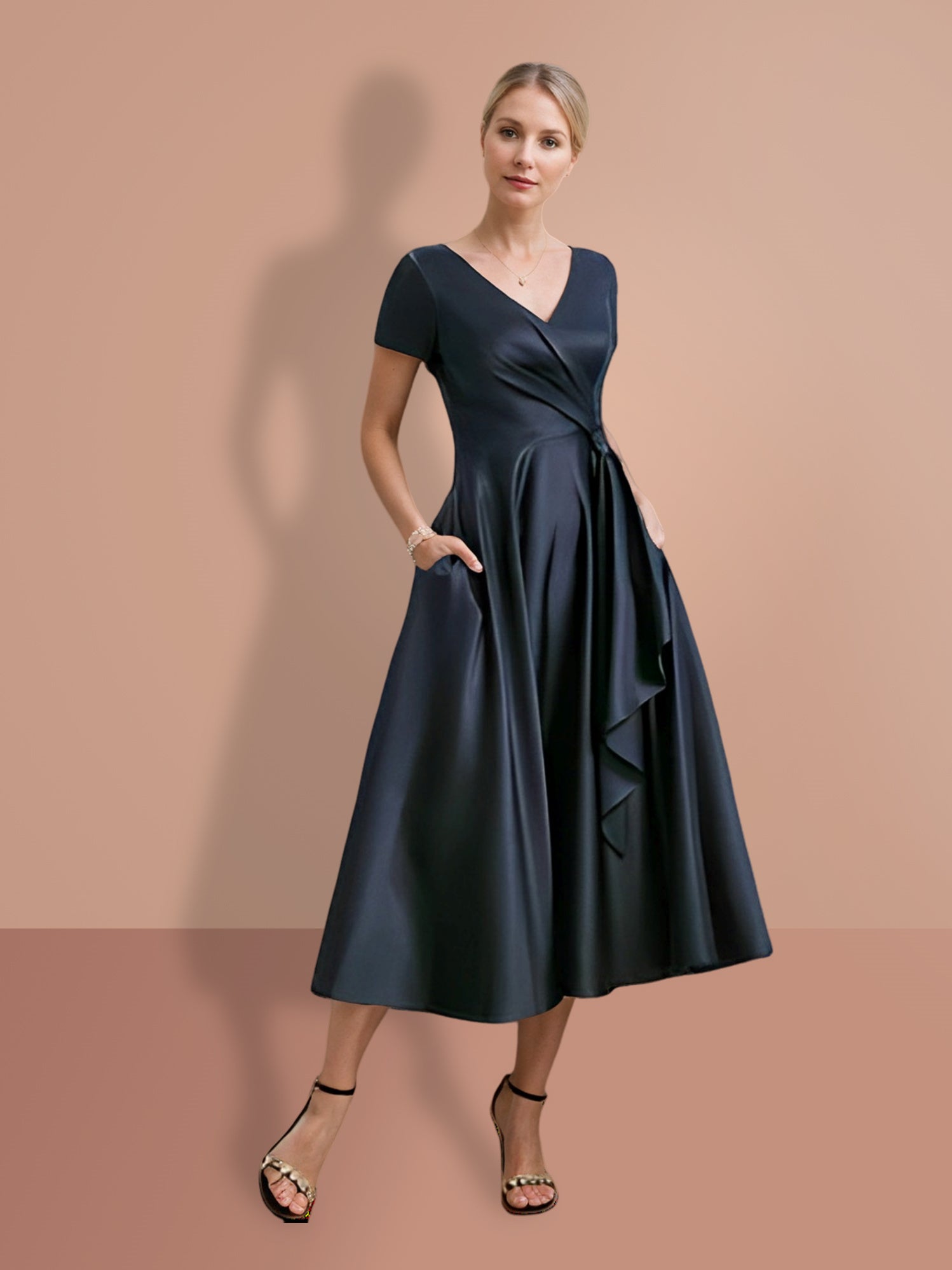 V-Neck A-Line Princess Short-Sleeve Mother of the Bride Dress