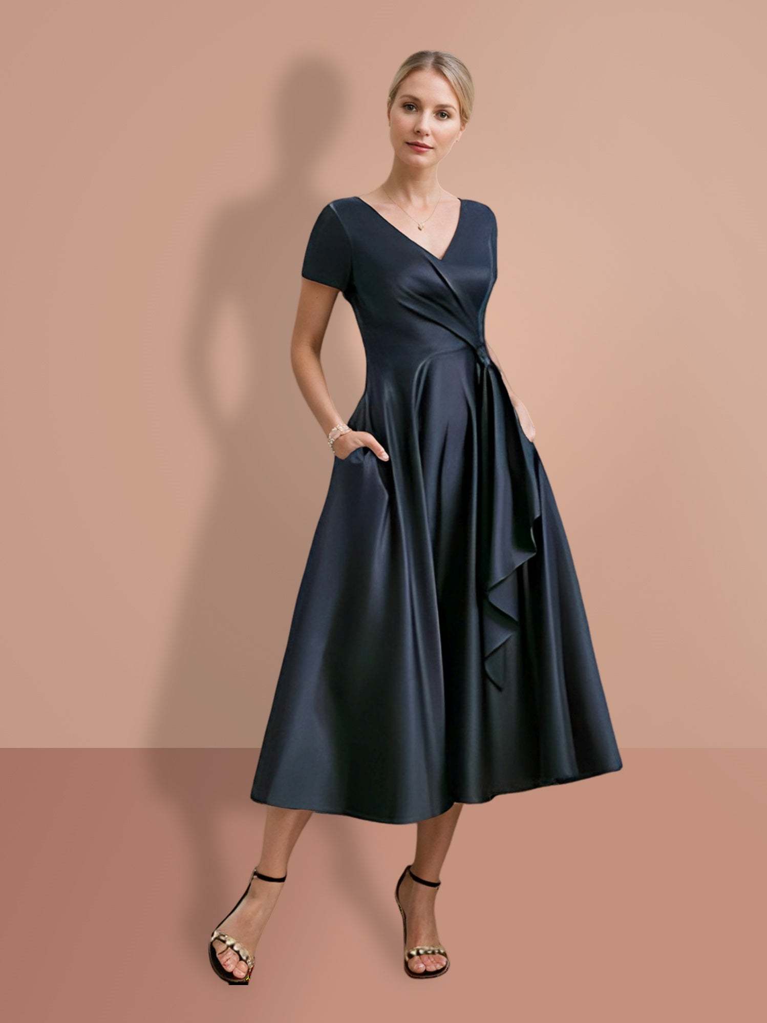 V-Neck A-Line Princess Short-Sleeve Mother of the Bride Dress