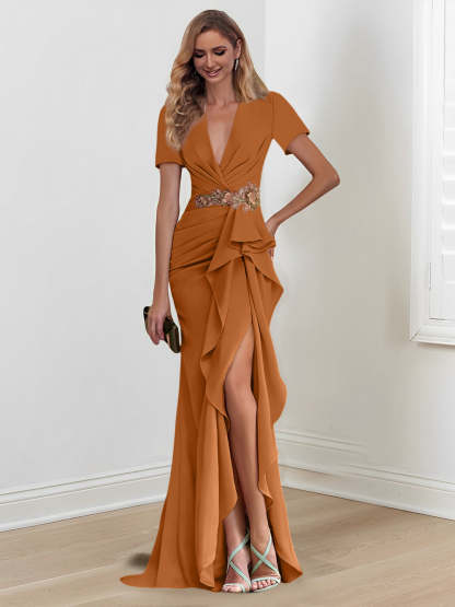 V-Neck Floor-Length Mermaid/Trumpet Mother of the Bride Dresses with Ruffles