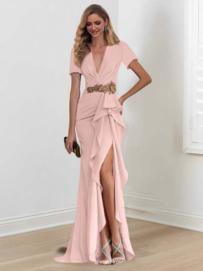 V-Neck Floor-Length Mermaid/Trumpet Mother of the Bride Dresses with Ruffles