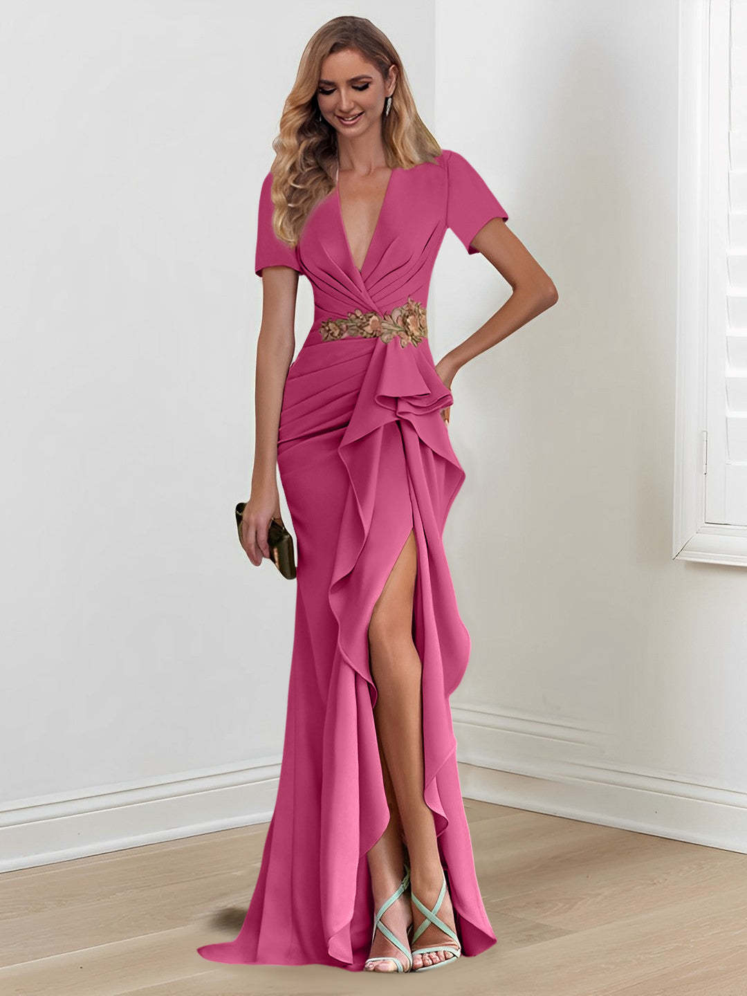 V-Neck Floor-Length Mermaid/Trumpet Mother of the Bride Dresses with Ruffles